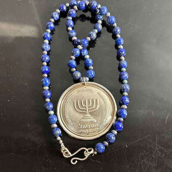 Star of David Menorah Sterling Silver Lapis Lazuli Necklace 925 Tahitian Pearls - Picture 6 of 8